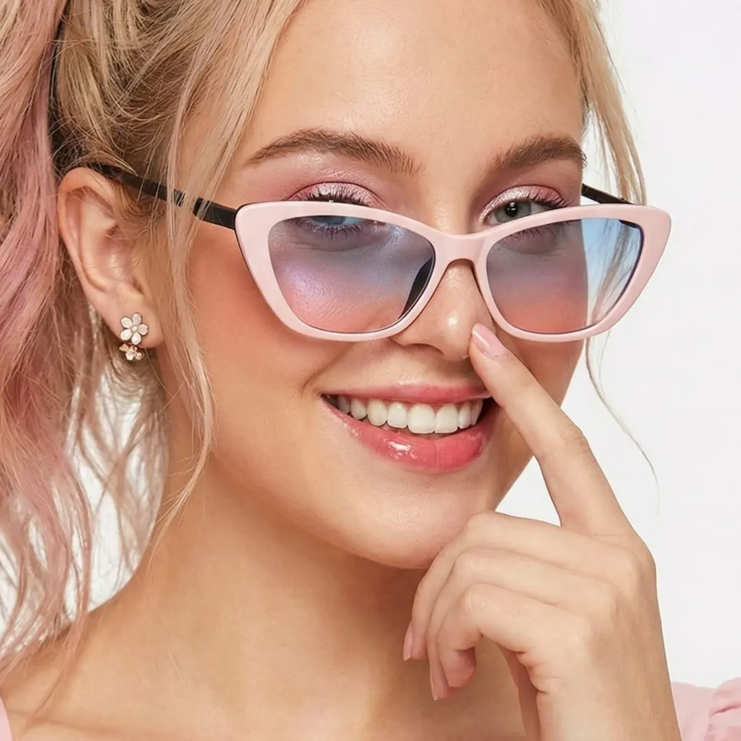 Face close-up of female wearing black cat eye magnetic clip-on eyeglasses set with interchangeable clip-on lenses, holding glasses, smiling, CR0022512