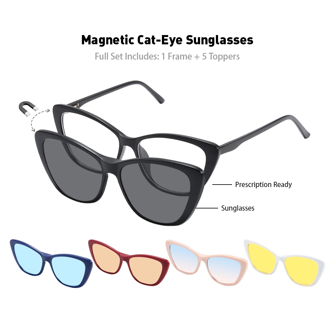 Set view of Damon cat eye tr90 magnetic clip-on eyeglasses set with interchangeable clip-on lenses CR0022512 in black