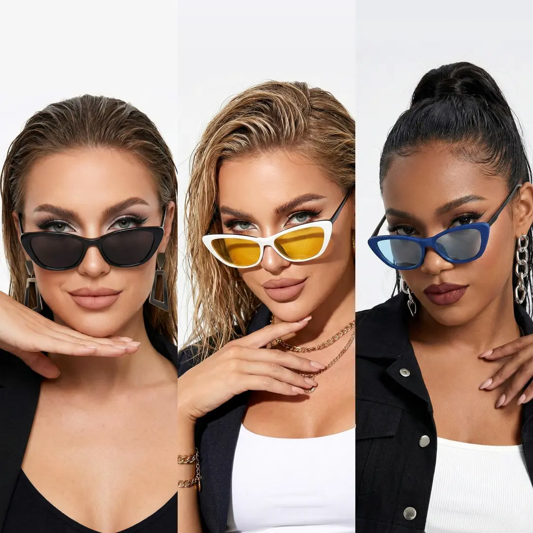 Front view of group wearing black cat eye magnetic clip-on eyeglasses set with interchangeable toppers, hand near face, natural expression, CR0022512