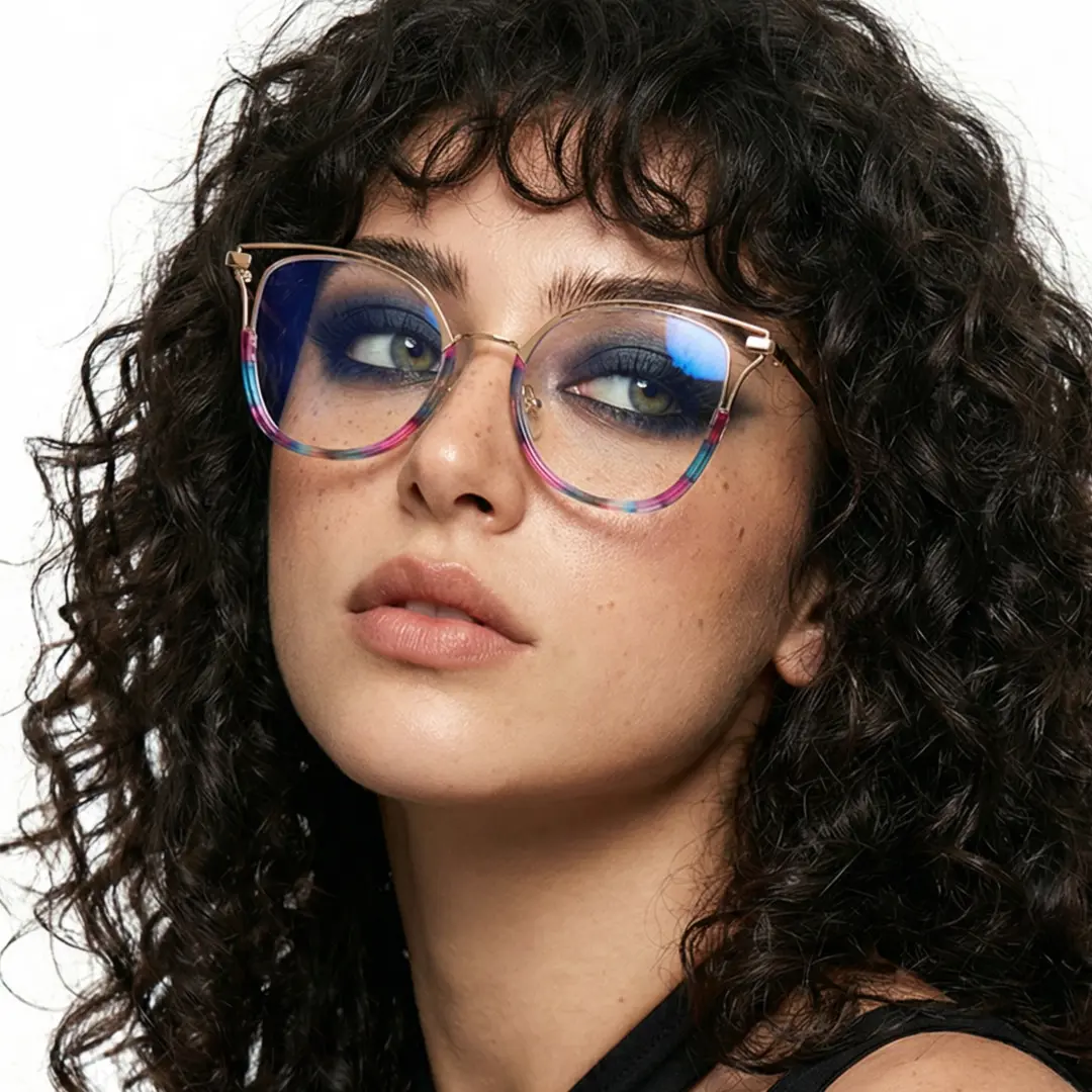 Front view of female wearing multicolor cat eye eyeglasses, calm expression, CR0032501