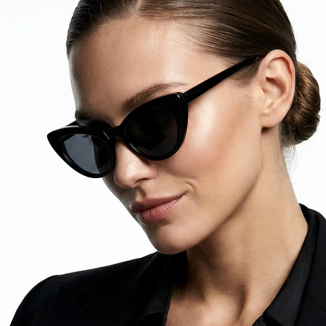 Profile view of female wearing black cat eye magnetic clip-on eyeglasses set with interchangeable clip-on lenses, soft smile, CR0032512