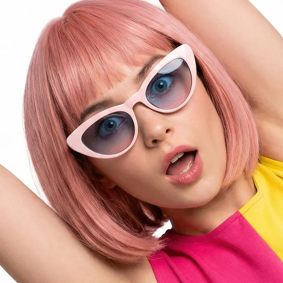 Slightly angled view of female wearing black cat eye magnetic clip-on eyeglasses set with interchangeable clip-on lenses, hand near face, neutral expression, CR0032512