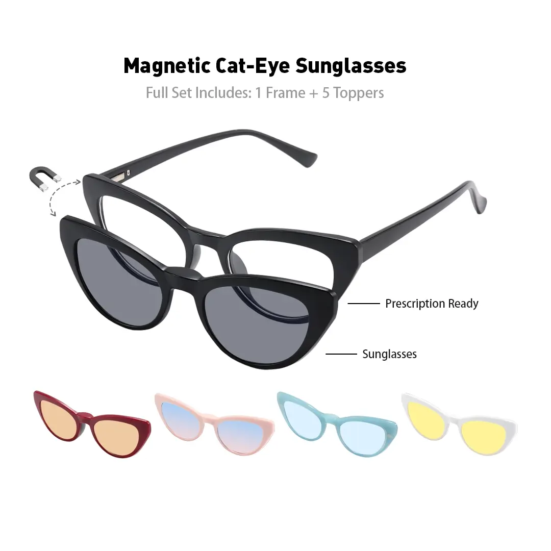 Set view of Livia cat eye tr90 magnetic clip-on eyeglasses set with interchangeable clip-on lenses CR0032512 in black