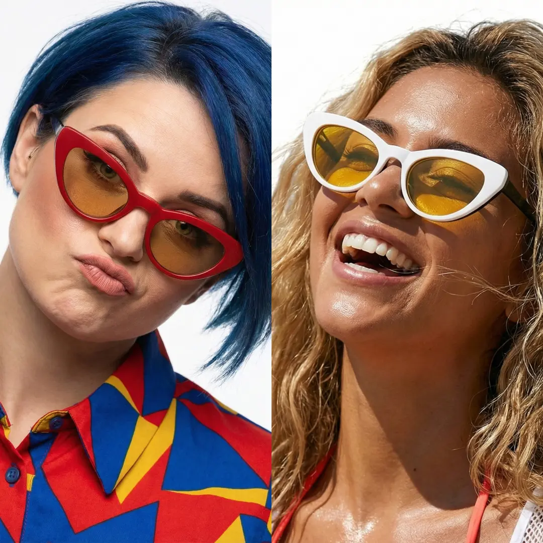 Three-quarter view of two people wearing black cat eye magnetic clip-on eyeglasses set with interchangeable toppers, pouting, soft smile, CR0032512