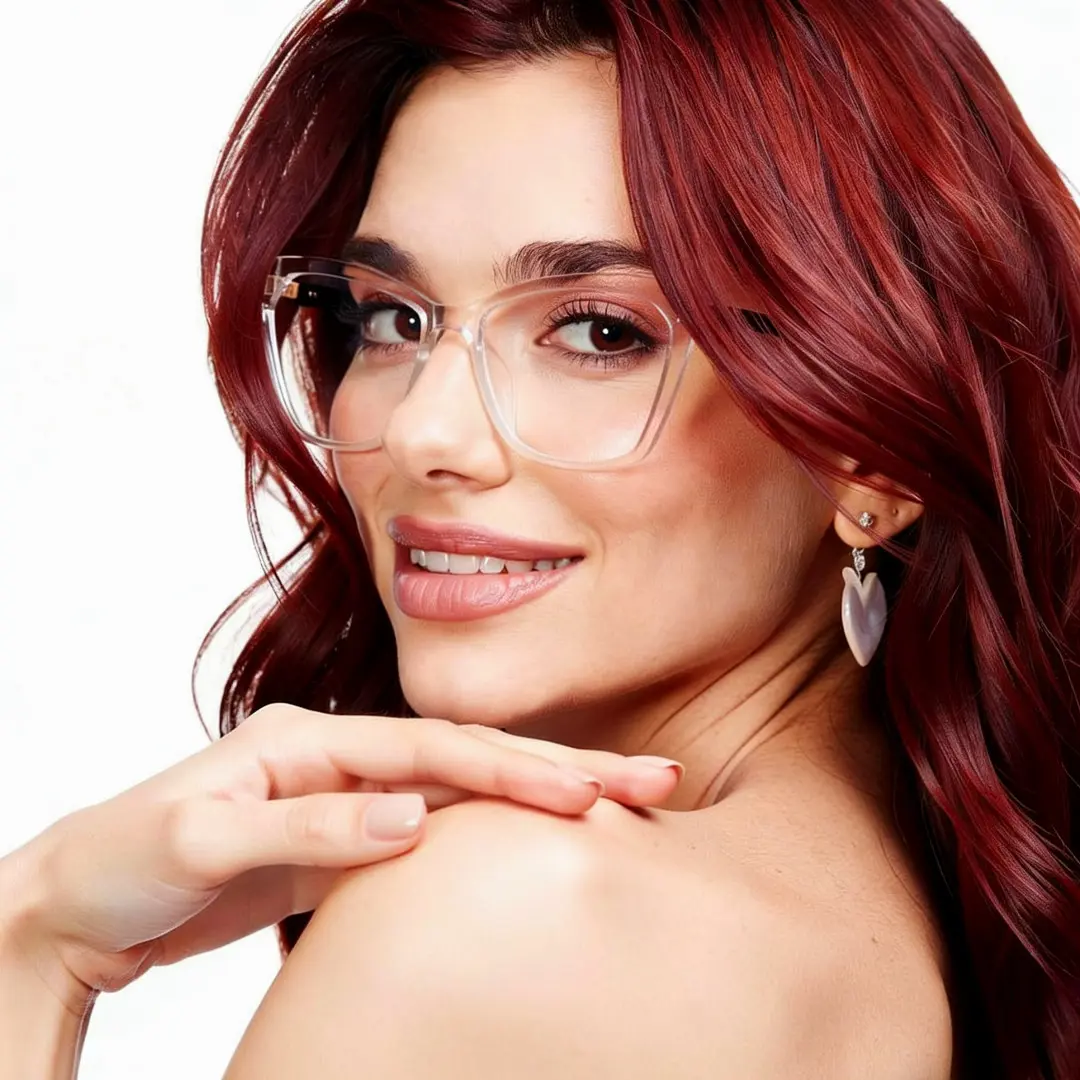 Three-quarter view of female wearing clear cat eye eyeglasses, hand touching shoulder, smiling, CR0042310