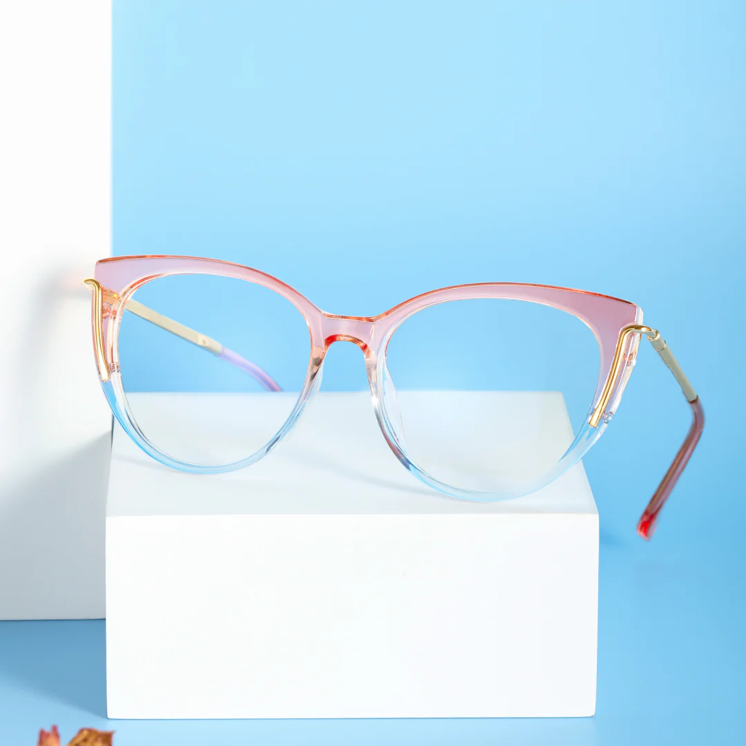 Scene close-up view of Tristan colorful cat eye tr90 eyeglasses in pink. SPU: CR0042402