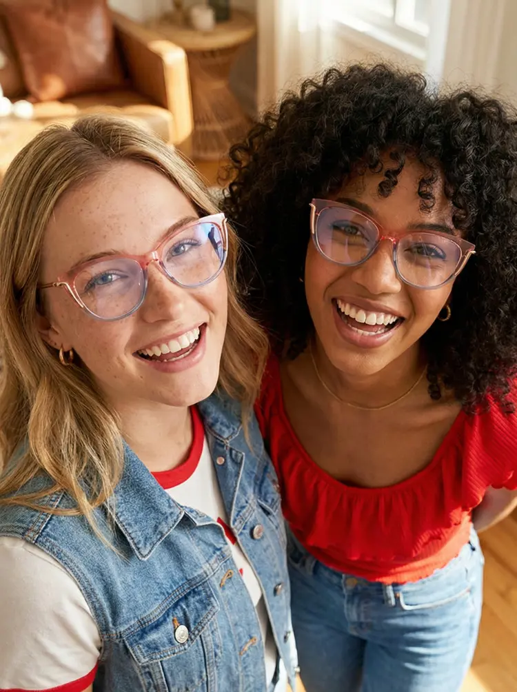 Two people model wearing colorful pink cat eye tr90 eyeglasses in a cozy sunlit living room. SPU: CR0042402