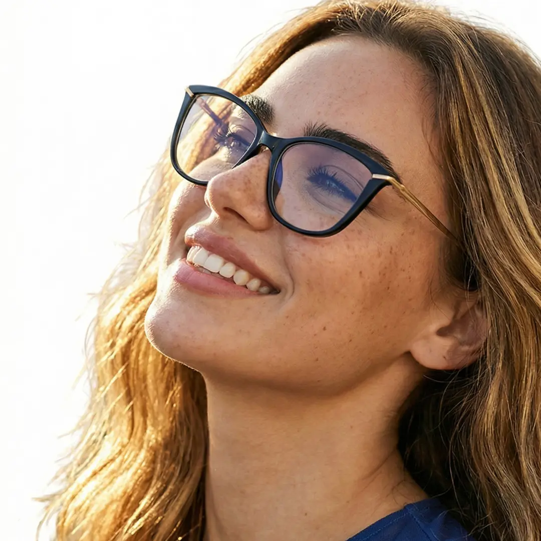 Three-quarter view of female wearing black cat eye eyeglasses, natural smile, CR0042404