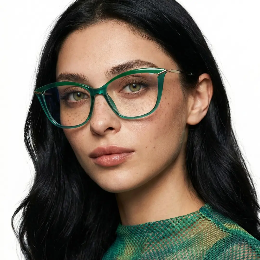 Front view of female wearing green cat eye eyeglasses, calm expression, CR0042404