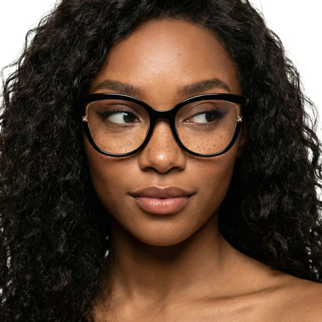 Front view of female wearing black cat eye eyeglasses, natural expression, CR0042501