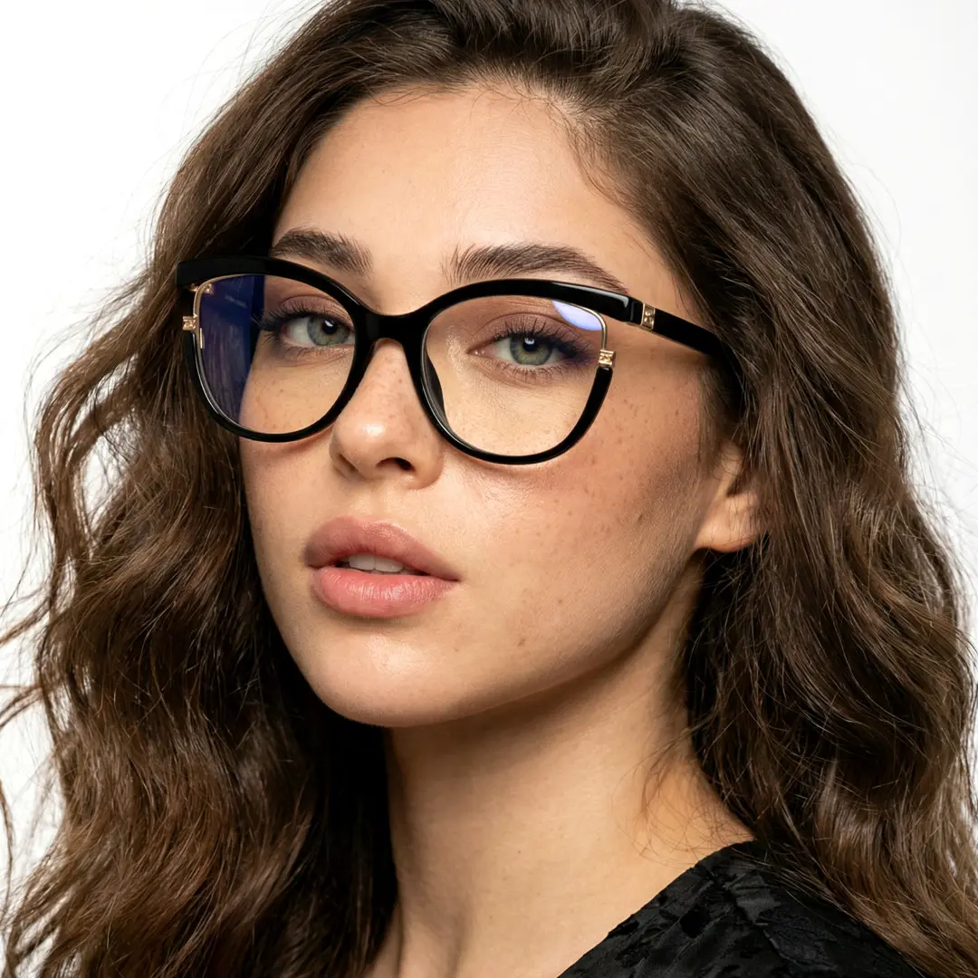 Three-quarter view of female wearing black cat eye eyeglasses, neutral expression, CR0042501