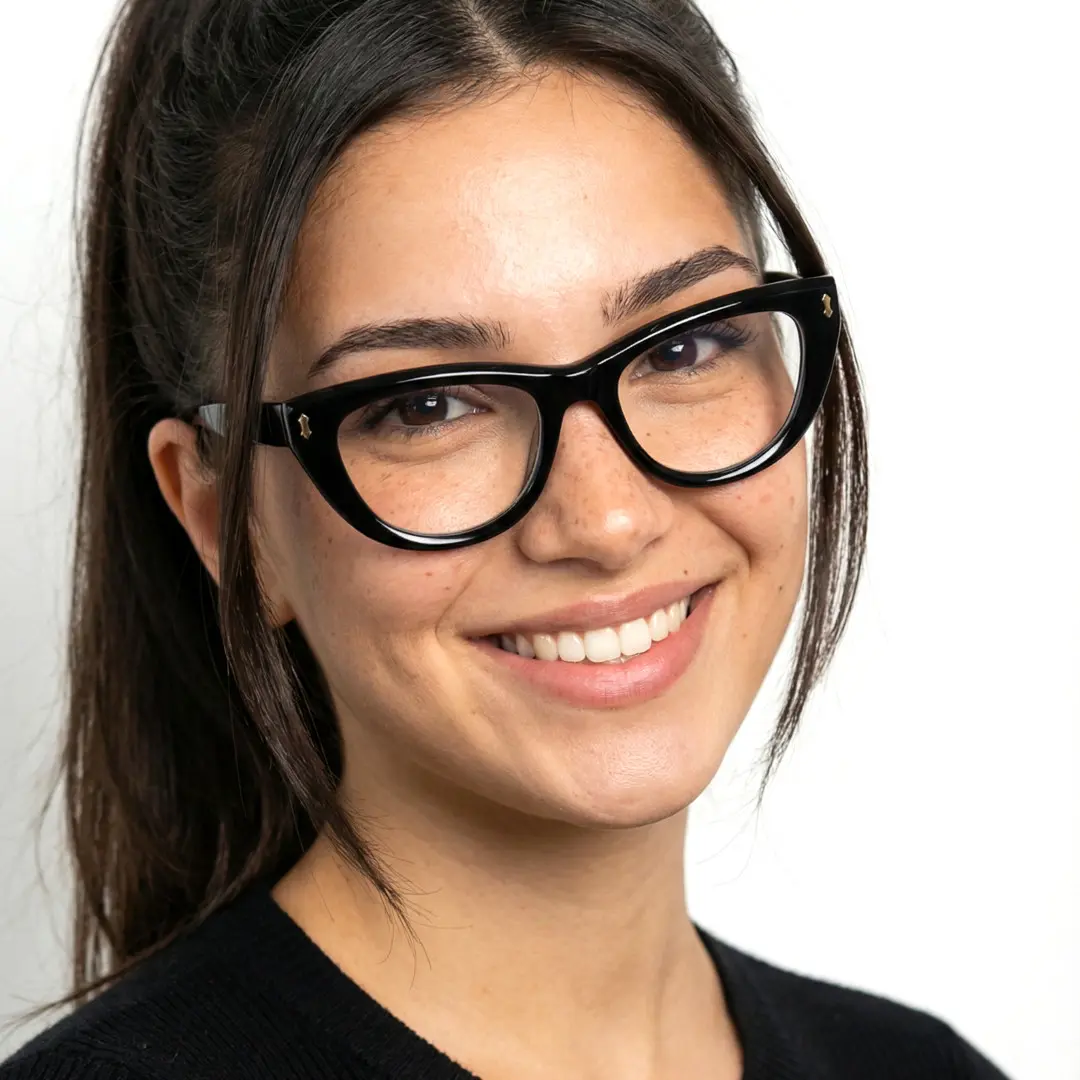 Front view of female wearing black cat eye eyeglasses, friendly smile, CR0042506