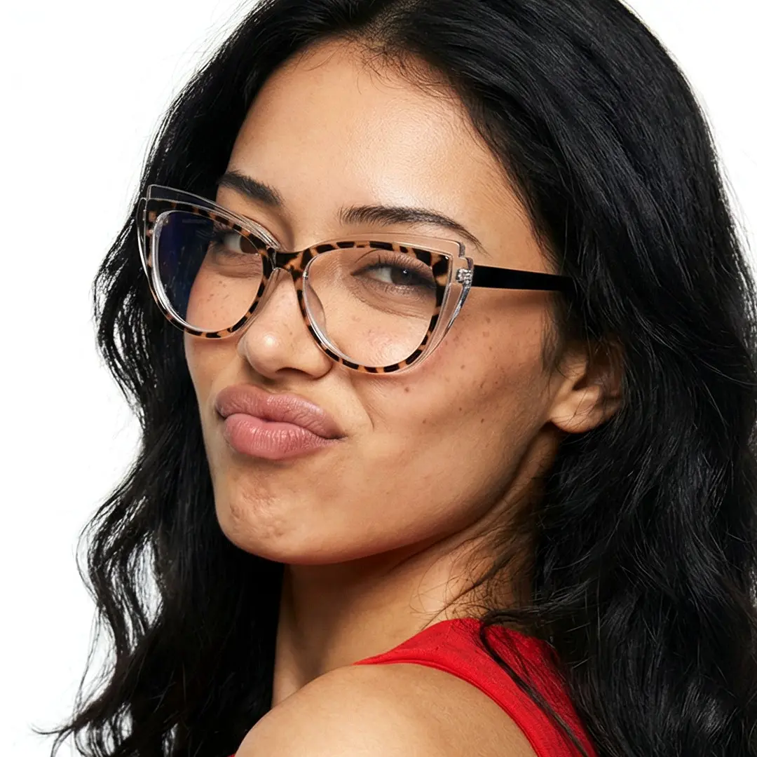 Over-the-shoulder view of female wearing tortoise cat eye eyeglasses, pouting, CR0052403