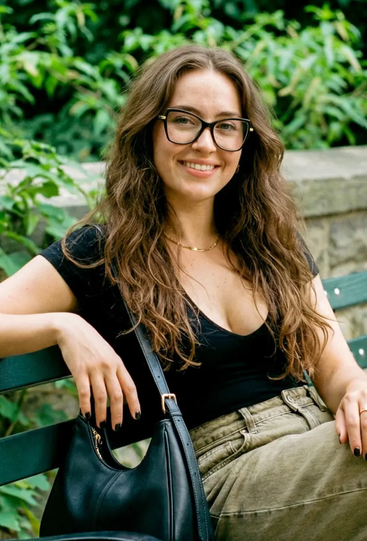 Female model wearing fashion black cat eye tr90 eyeglasses in a sunlit city park. SPU: CR0052411