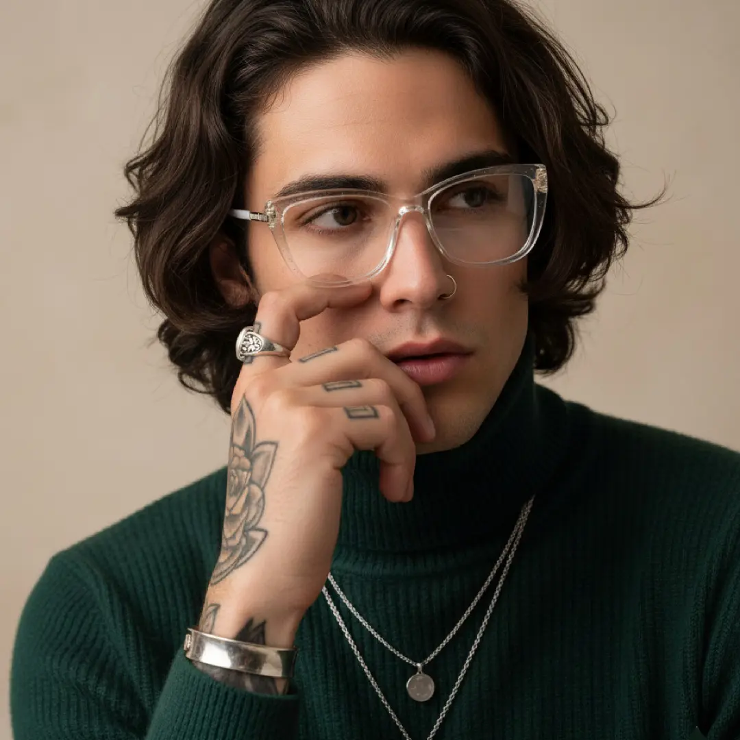 Profile view of male wearing grey cat eye eyeglasses, hand near face, neutral expression, CR0062510