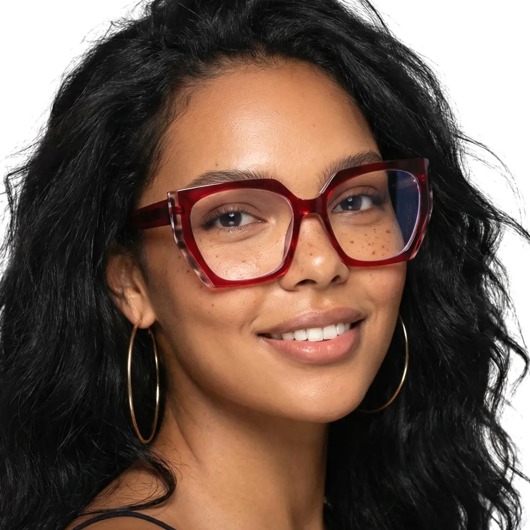 Over-the-shoulder view of female wearing fashion red cat eye eyeglasses, natural smile, CR0072403