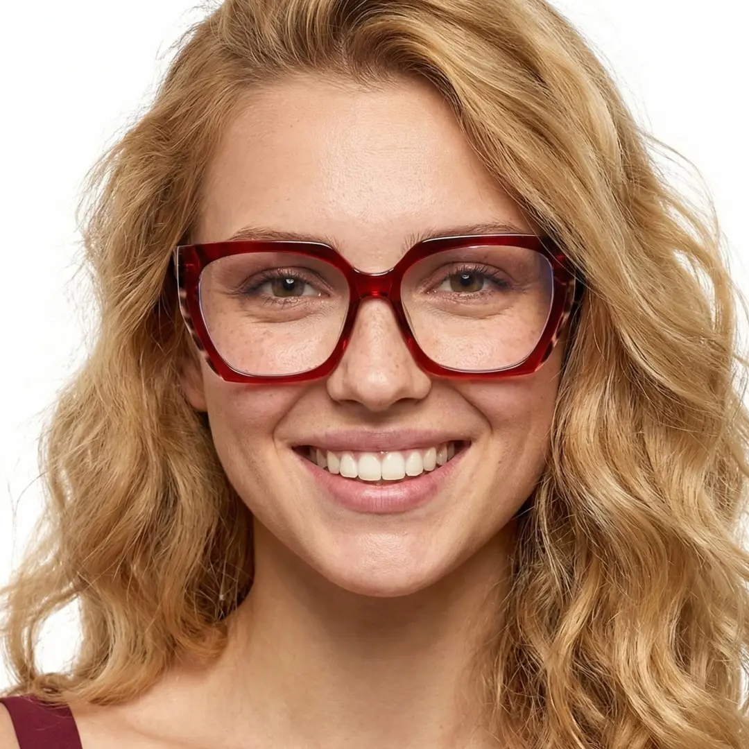 Front view of female wearing red cat eye eyeglasses, smiling, CR0072403