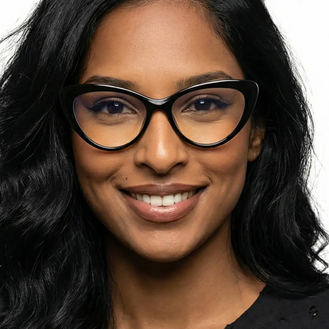 Face close-up view of female wearing black cat eye eyeglasses, soft smile, CR0072404