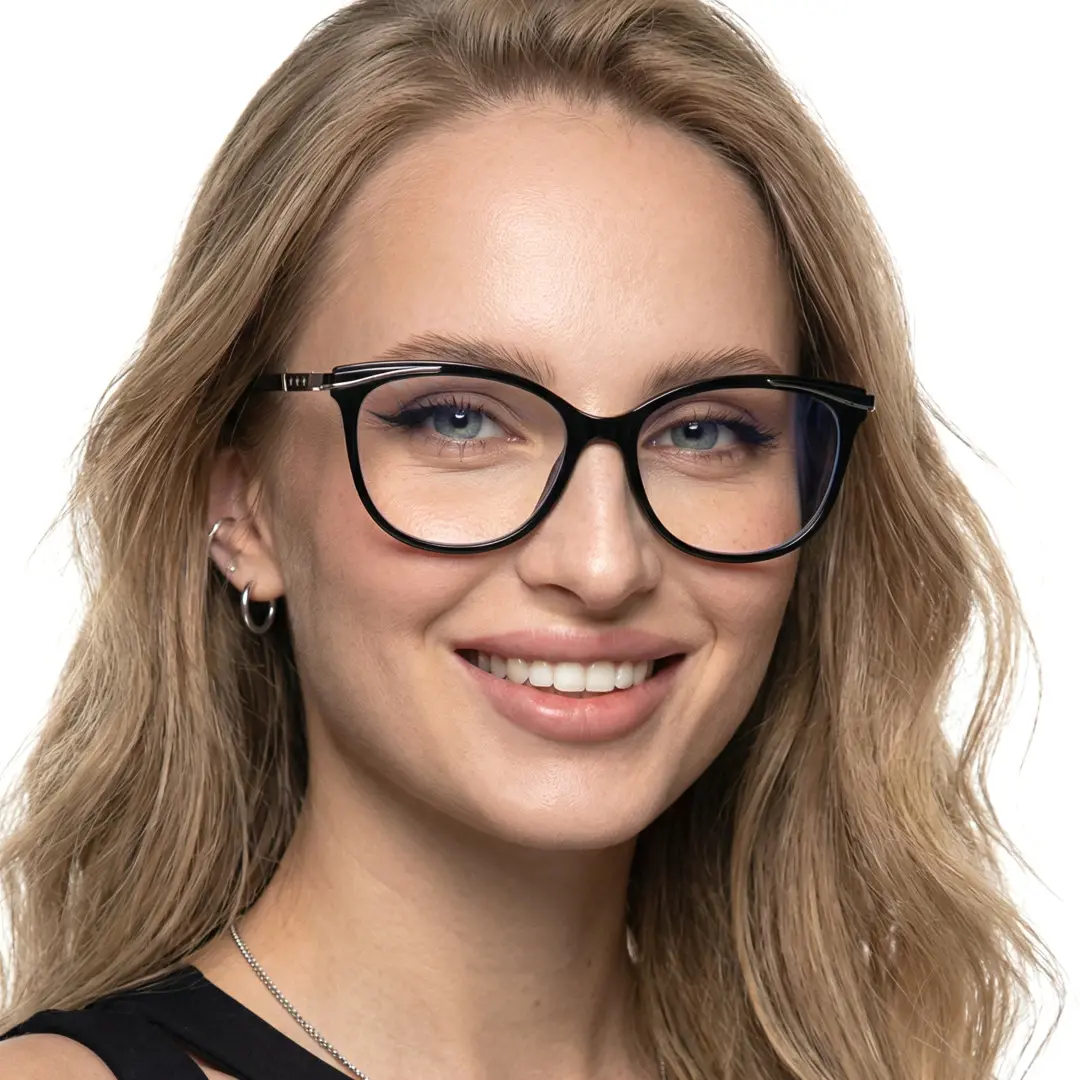 Front view of female wearing black cat eye eyeglasses, natural smile, CR0072408