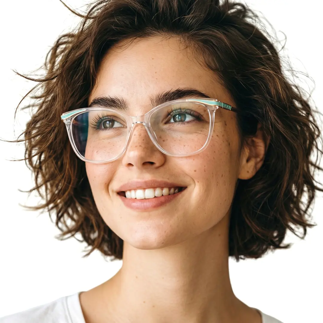 Looking away view of female wearing clear cat eye eyeglasses, smiling, CR0072408