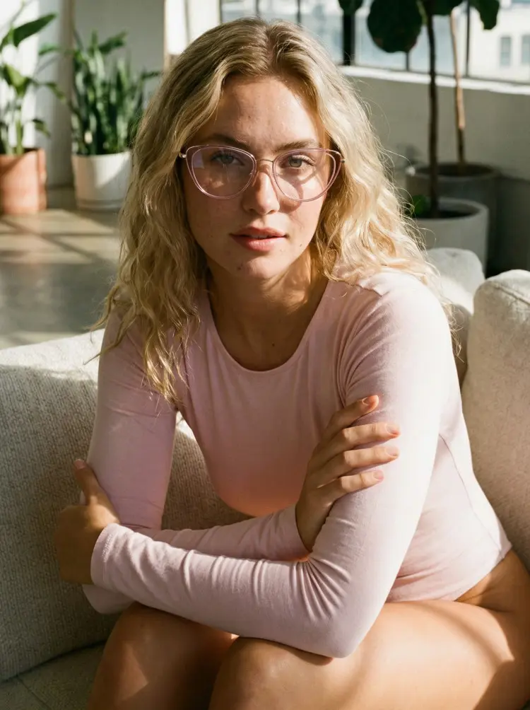 Female model wearing everyday pink cat eye tr90 eyeglasses in a sunlit modern living room. SPU: CR0072411