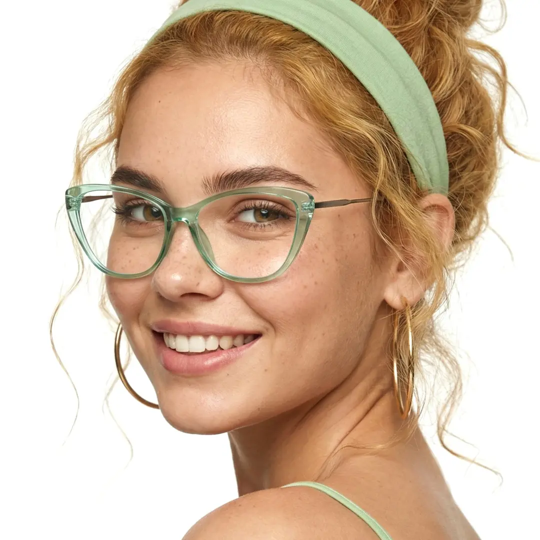 Over-the-shoulder view of female wearing green cat eye eyeglasses, smiling, CR0072603