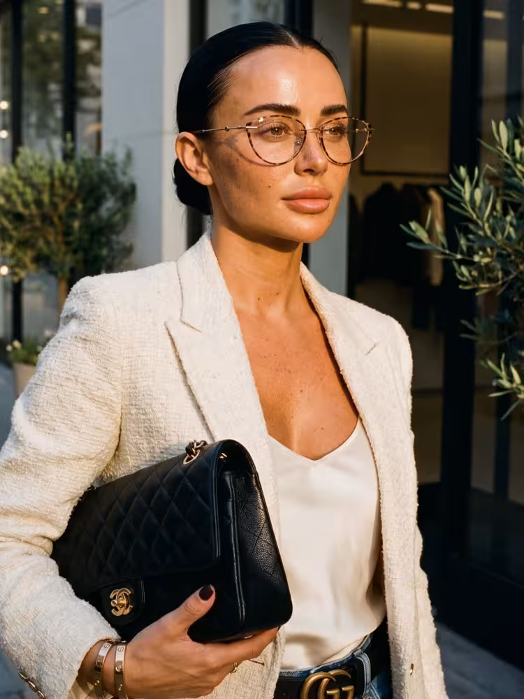 Female model wearing everyday tortoise cat eye tr90 eyeglasses on a luxury shopping street. SPU: CR0072604
