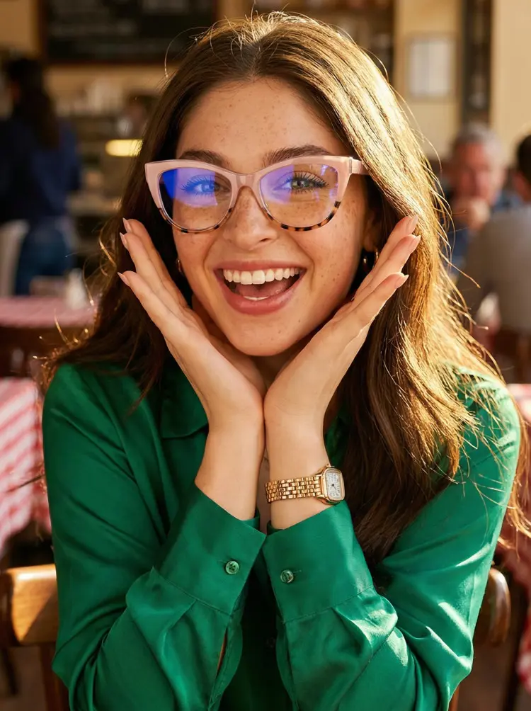 Female model wearing everyday two-tone cat eye tr90 eyeglasses in a green shirt smiling excitedly with hands on her face inside a vintage restaurant. SPU: CR0082403