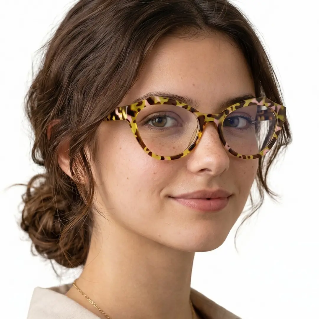 Face close-up view of female wearing yellow tortoise cat eye eyeglasses, smiling, CR0082411