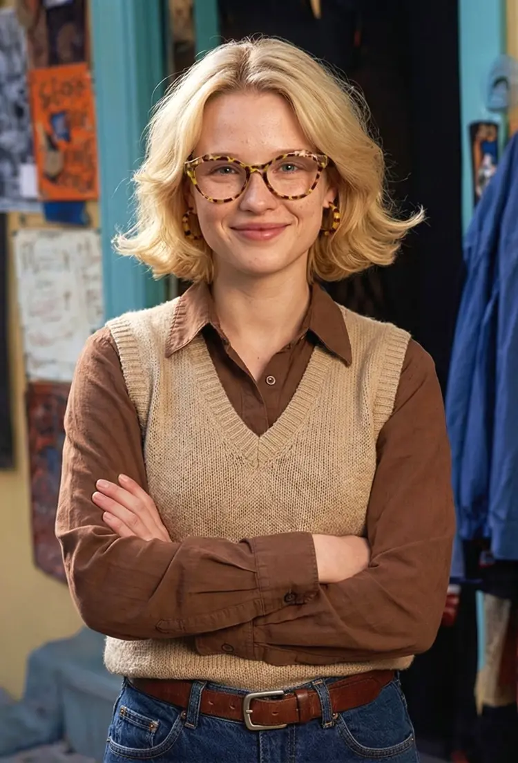 Female model wearing vintage tortoise cat eye tr90 eyeglasses in front of a colorful urban storefront. SPU: CR0122411
