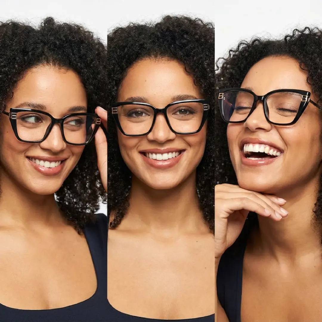 Front view of group wearing black cat eye eyeglasses, various expressions, CR0082510