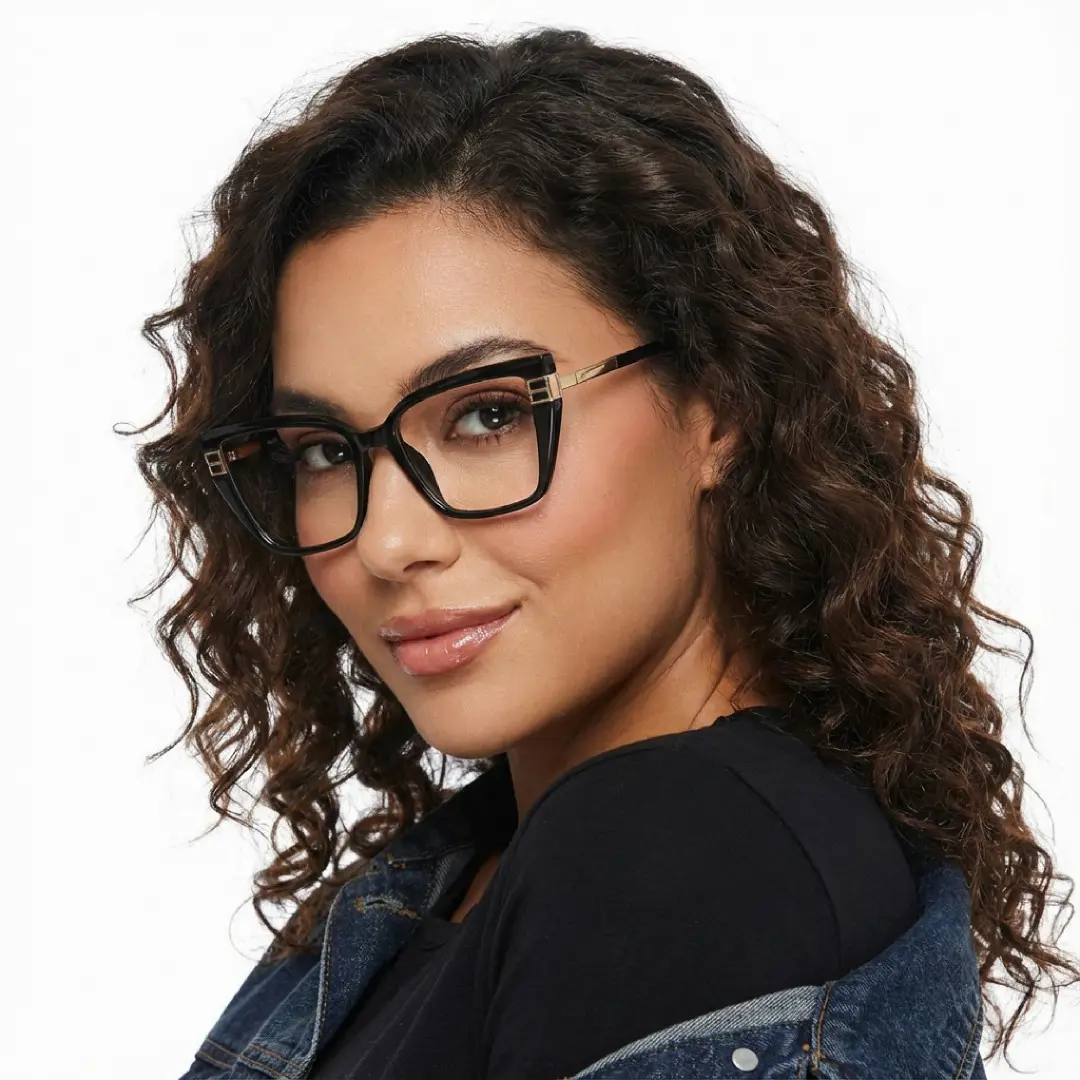 Over-the-shoulder view of female wearing black cat eye eyeglasses, smiling, CR0082510