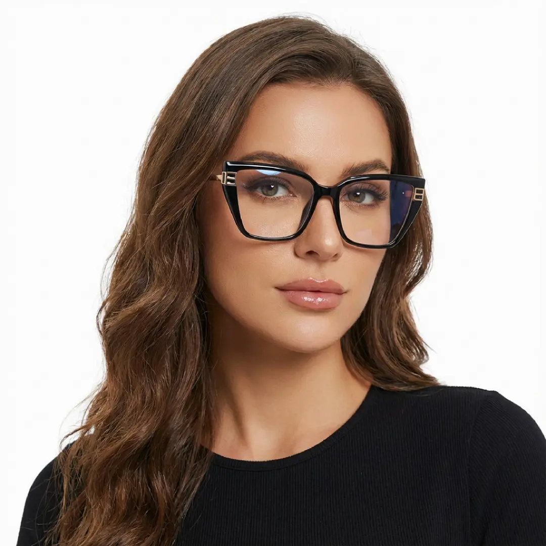 Slightly angled view of female wearing black cat eye eyeglasses, neutral expression, CR0082510