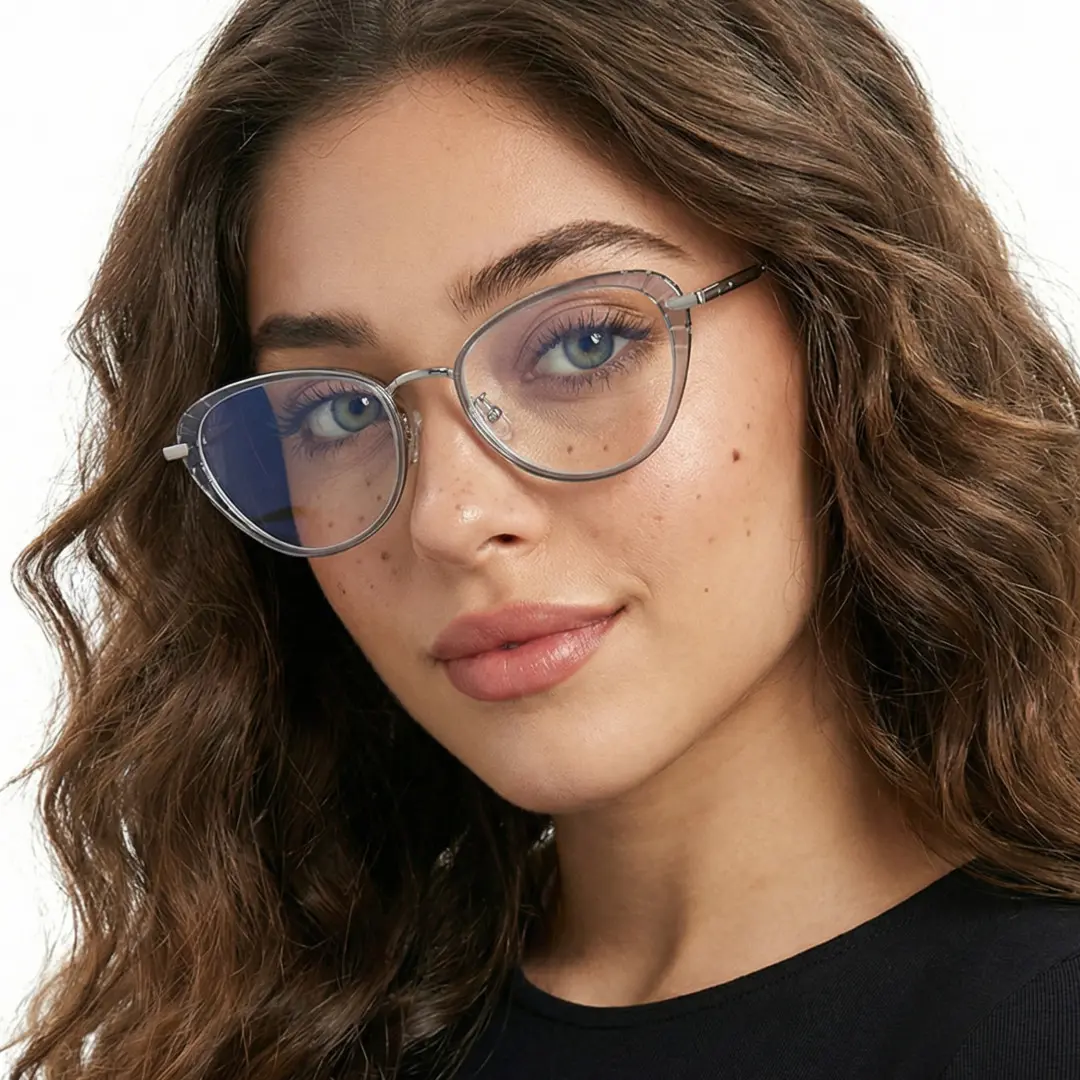 Face close-up view of female wearing grey cat eye eyeglasses, natural smile, CR0102402