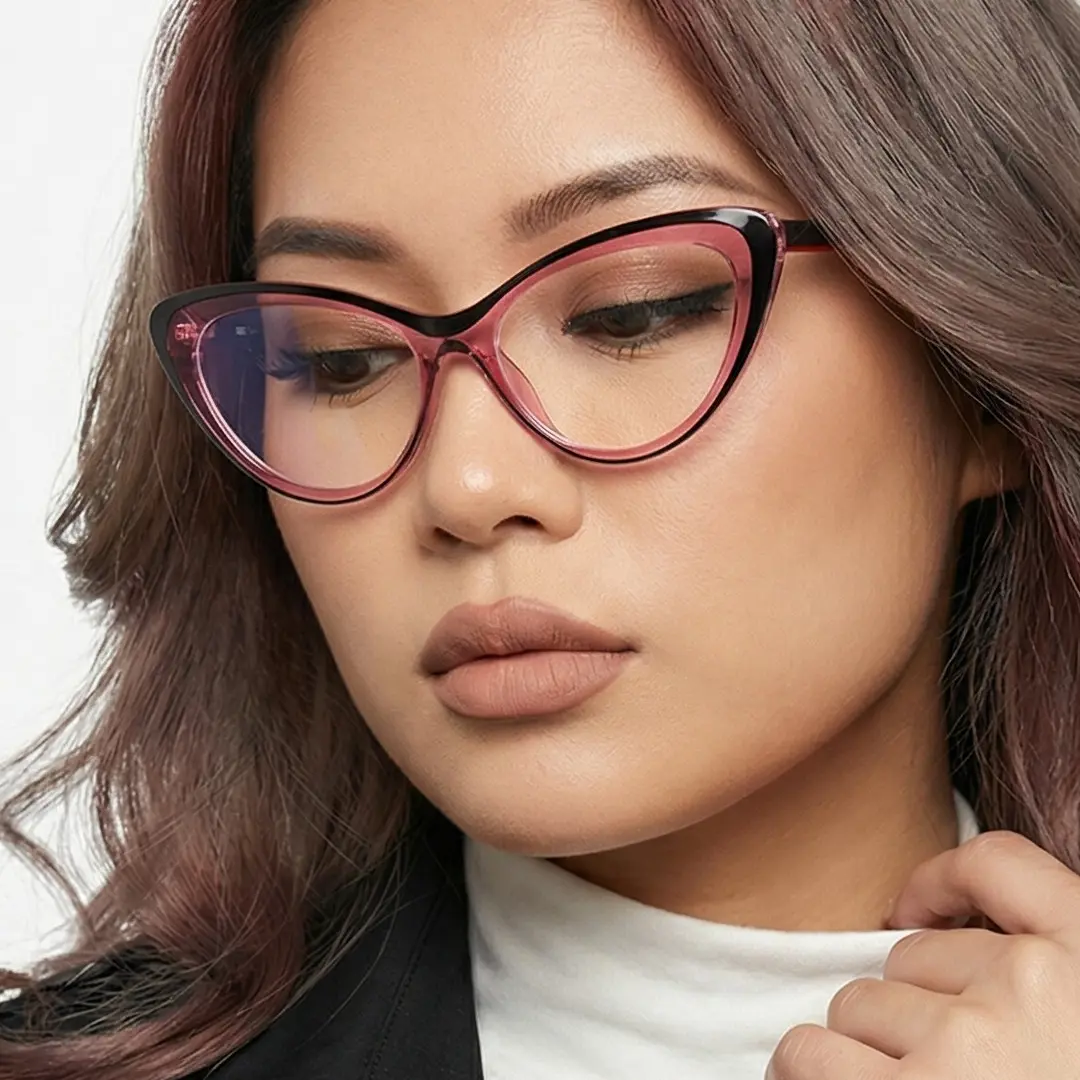 Female wearing pink cat eye eyeglasses, calm expression, CR0102502