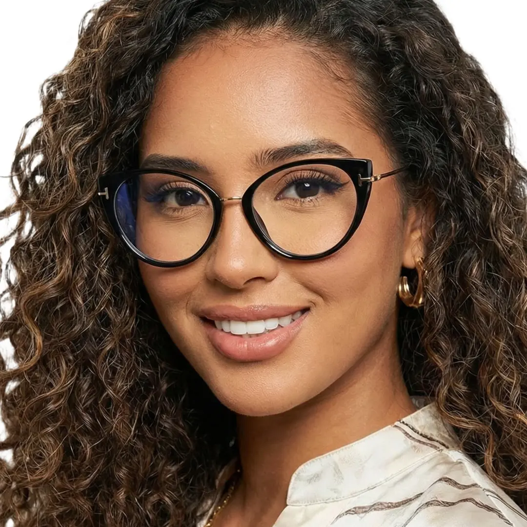 Front view of female wearing black cat eye eyeglasses, smiling, CR0112402