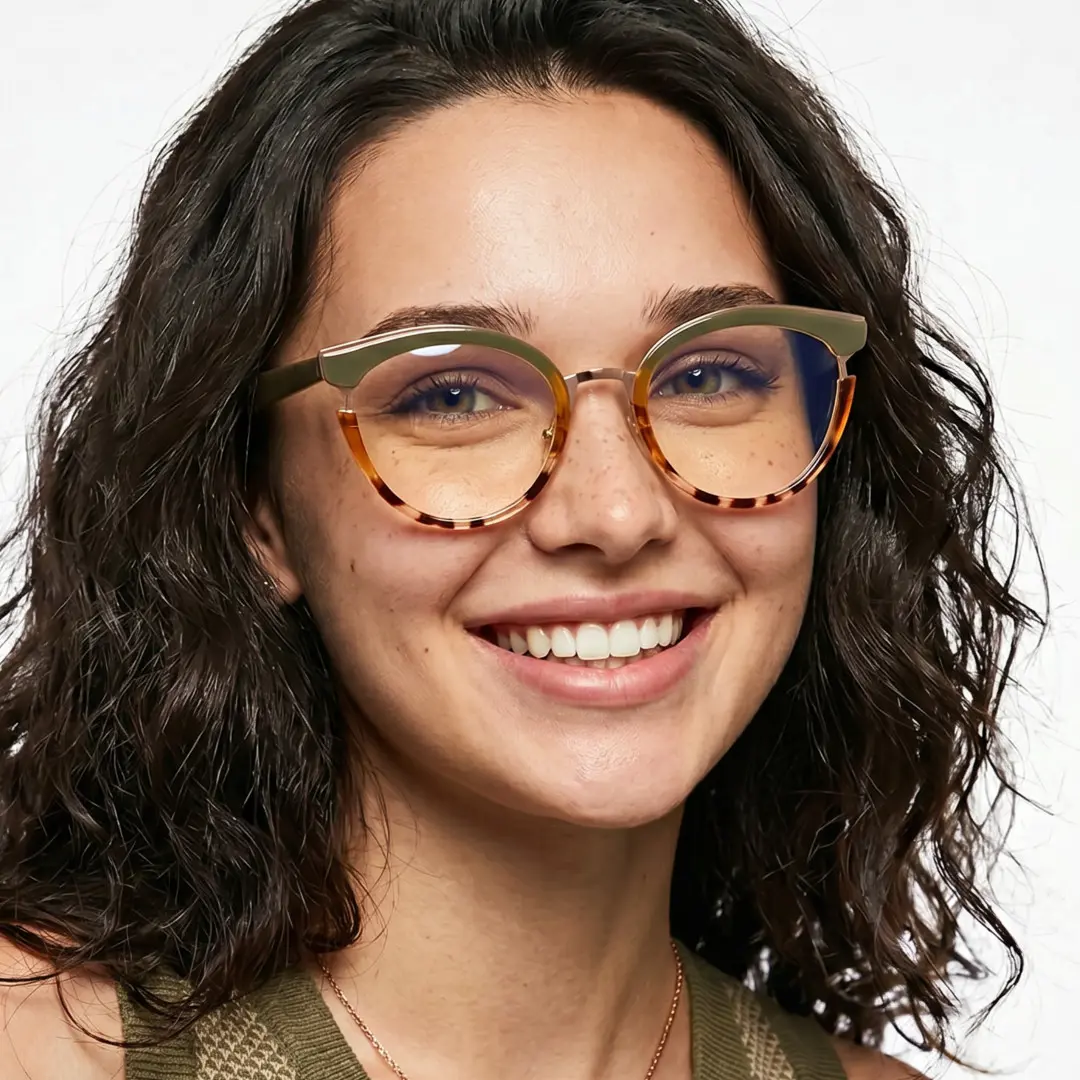 Front view of female wearing army green cat eye eyeglasses, smiling, CR0112404
