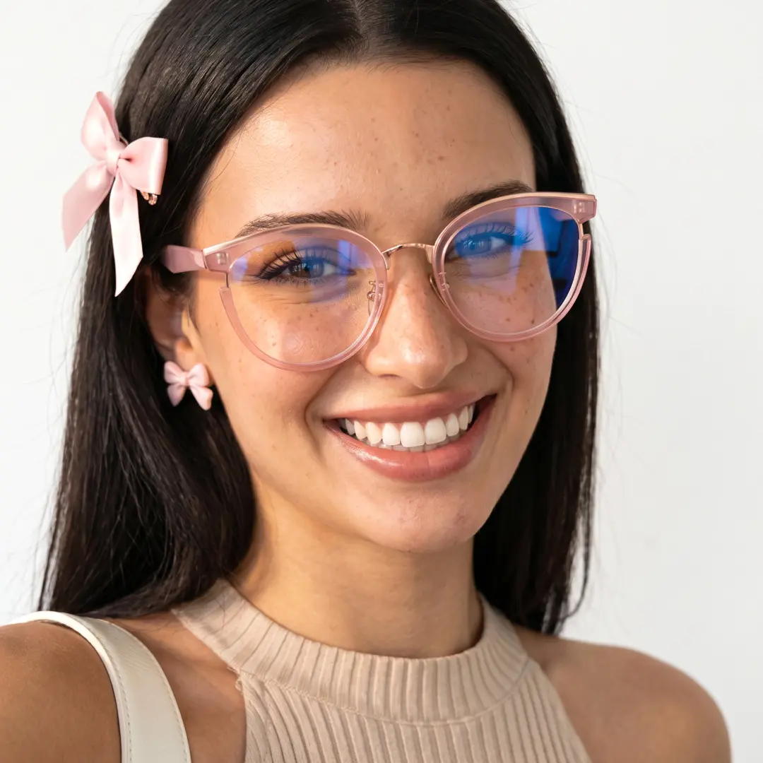 Three-quarter view of female wearing light pink cat eye eyeglasses, natural smile, CR0112404
