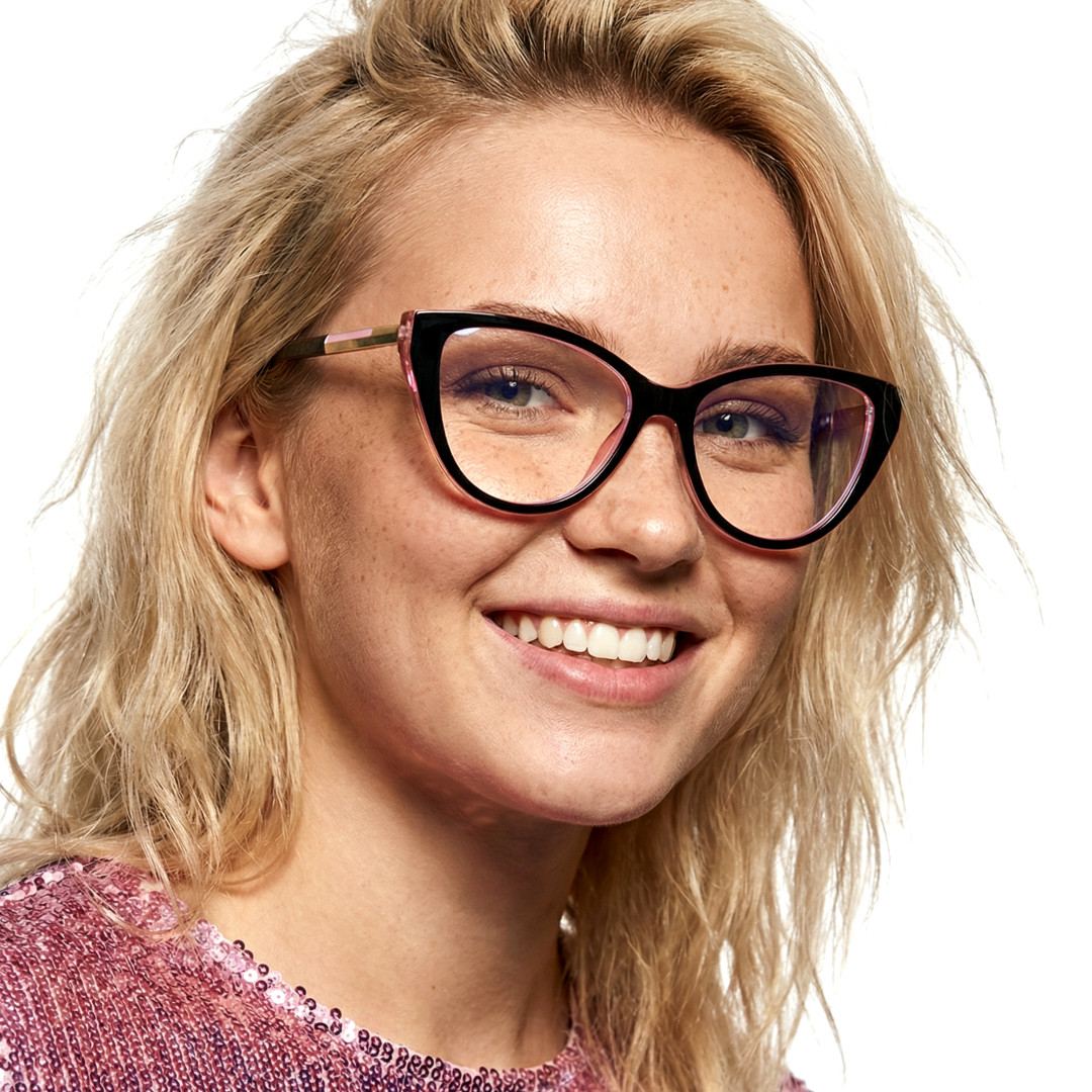 Slightly angled view of female wearing black cat eye eyeglasses, natural smile, CR0112408