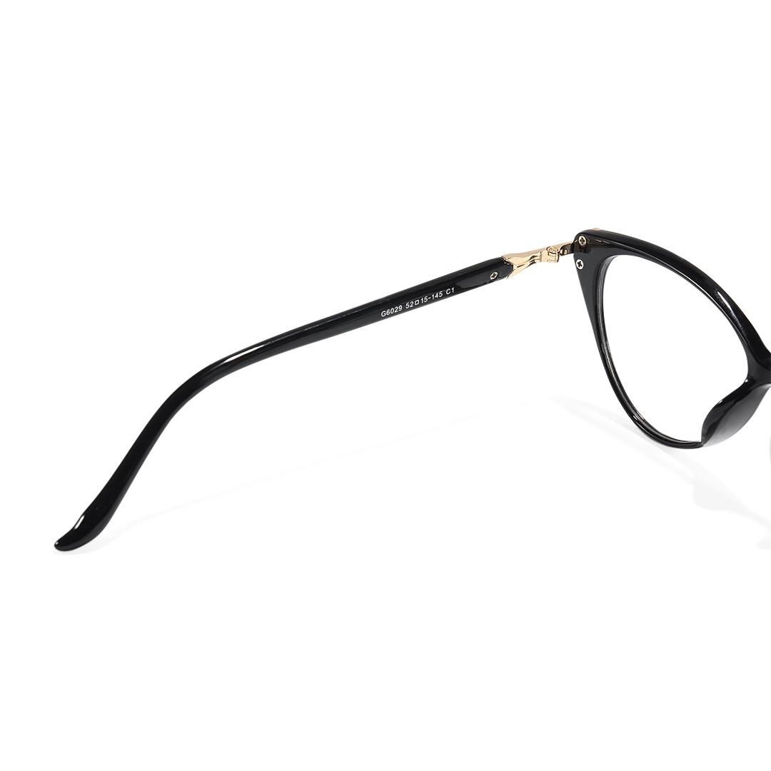 Hinge detail of Diva vintage cat eye tr90 eyeglasses in black. SPU: CR0112510