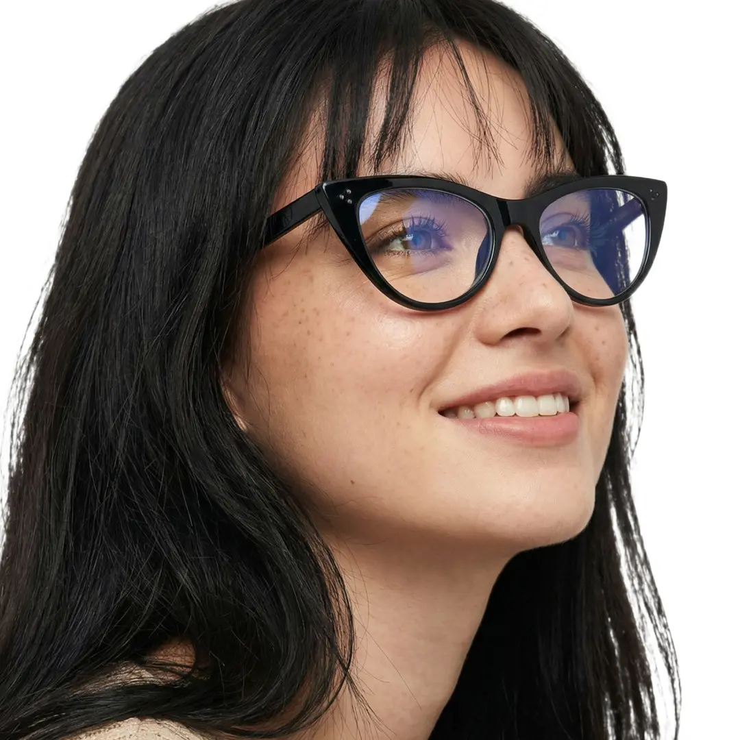 Looking away view of female wearing black cat eye eyeglasses, smiling, CR0132209