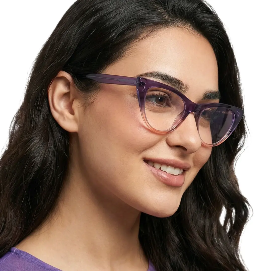 Three-quarter view of female wearing light purple cat eye eyeglasses, natural smile, CR0132209