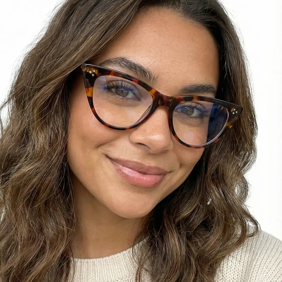 Tilted head view of female wearing tortoise cat eye eyeglasses, natural smile, CR0132209