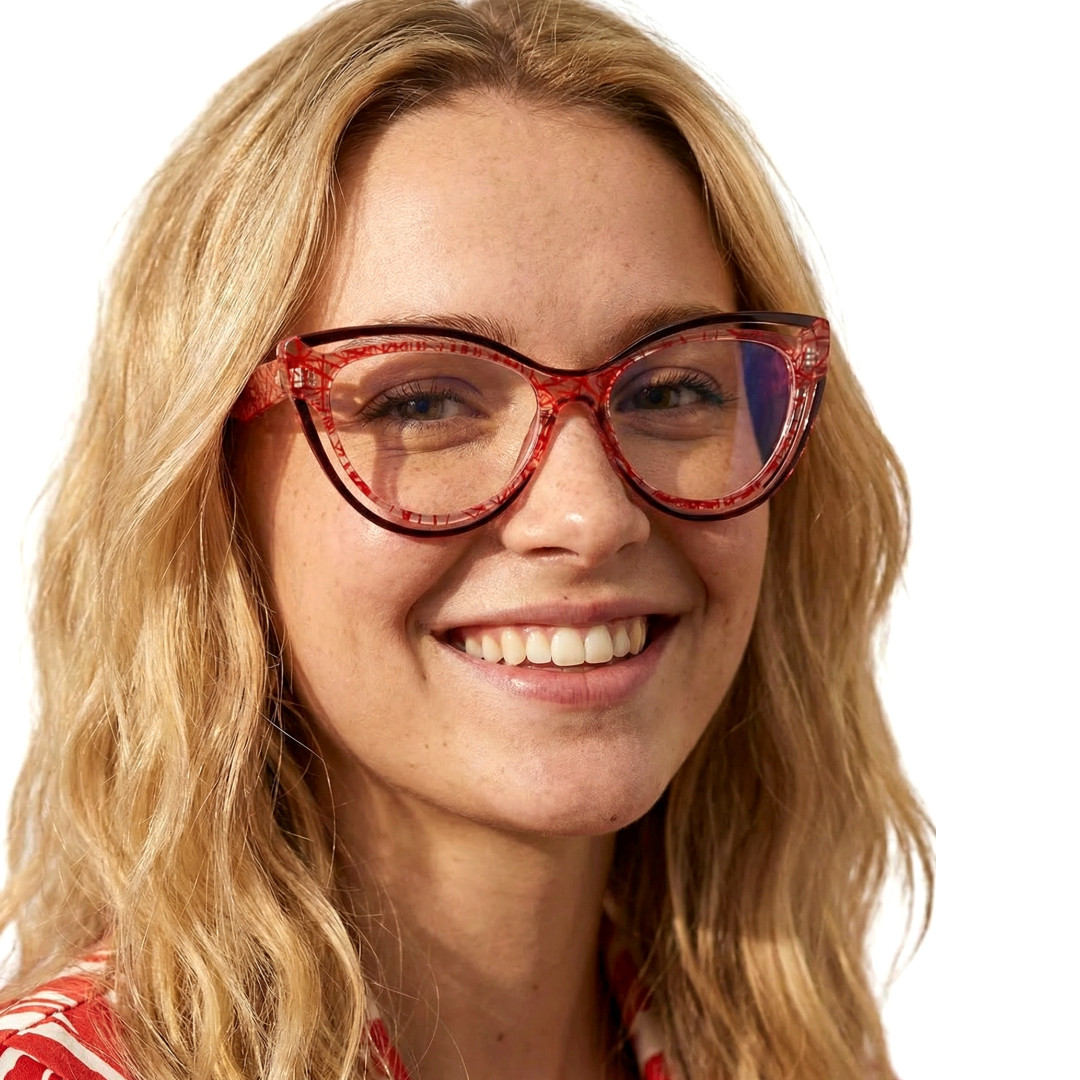 Front view of female wearing vintage black cat eye eyeglasses, smiling, CR0132408