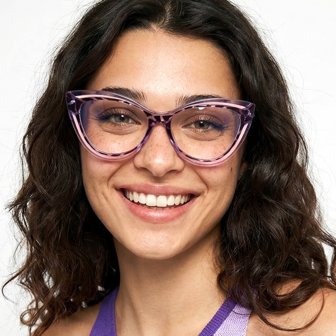 Front view of female wearing vintage purple cat eye eyeglasses, smiling, CR0132408