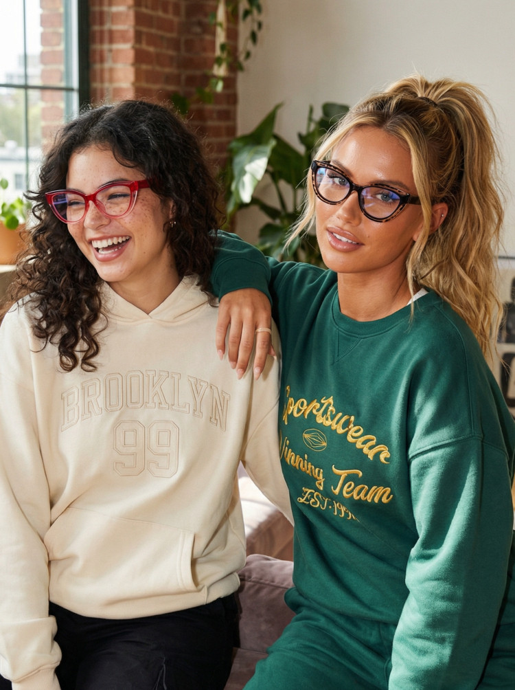 Two people model wearing vintage glasses tortoise cat eye tr90 eyeglasses in a cozy living room. SPU: CR0132408