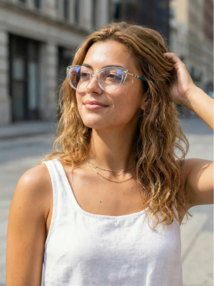 Female model wearing everyday clear cat eye tr90 eyeglasses on a sunlit urban sidewalk in front of classic stone city buildings. SPU: CR0142309