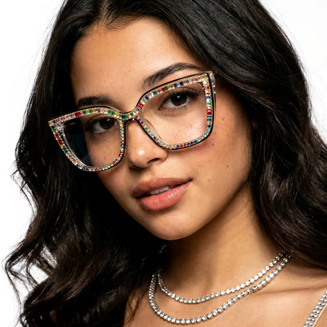 Three-quarter view of female wearing colorful multicolor cat eye eyeglasses, neutral expression, CR0142401