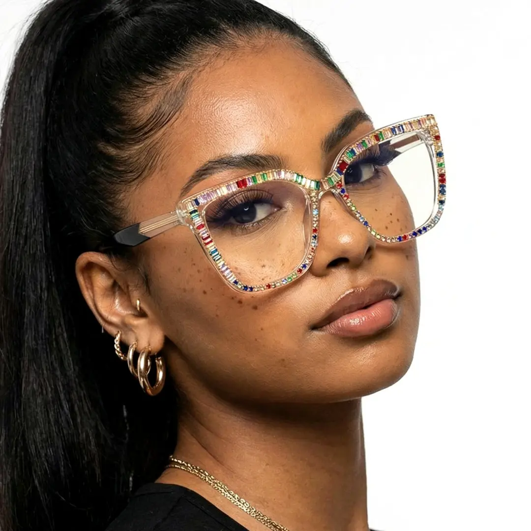 Profile view of female wearing multicolor cat eye eyeglasses, calm expression, CR0142401