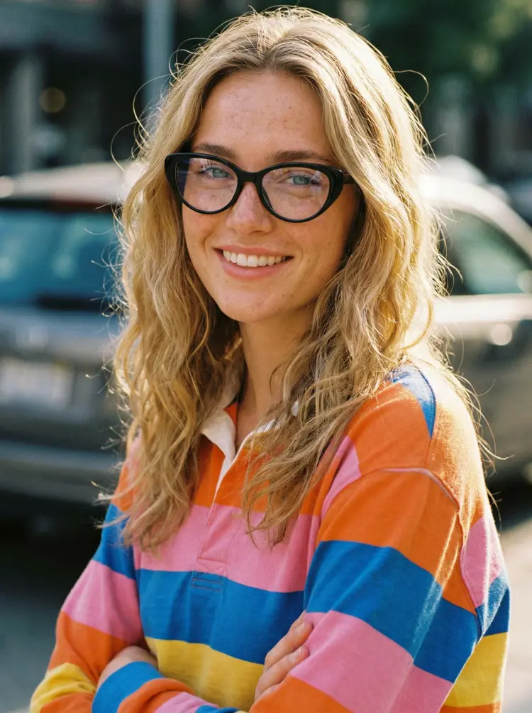 Female model wearing everyday black cat eye tr90 eyeglasses on a sunlit city street. SPU: CR0142404